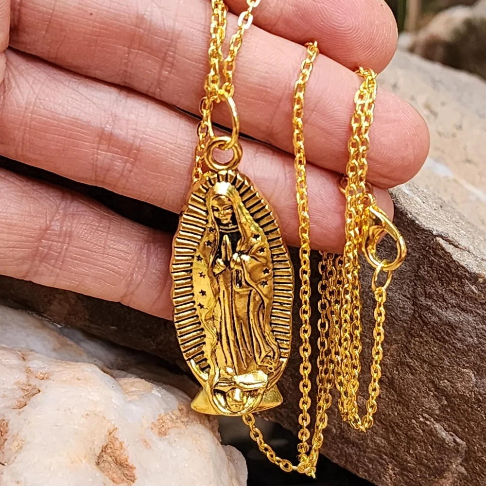 Large Our Lady of Guadalupe' Gold Medallion Long Chain Magnolia Rose